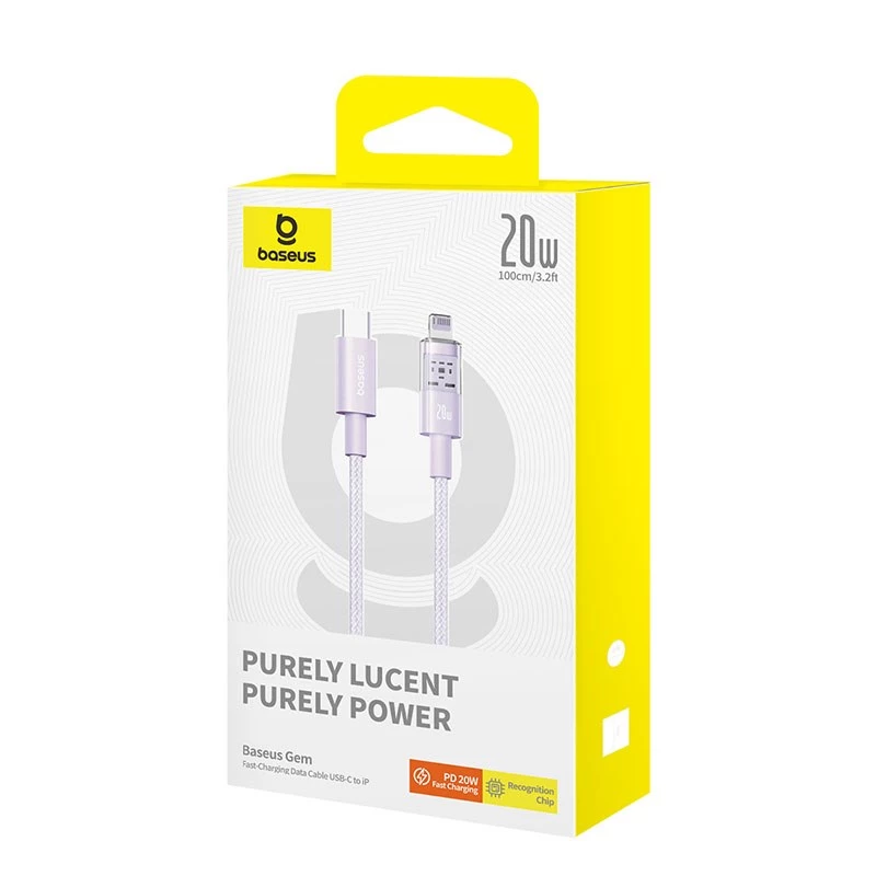 Kabel szybkiego ładowania USB-C na Lightning Baseus Gem 1 m 20 W fioletowy, oplocie nylonowe, 7-pinowe złącze Lightning