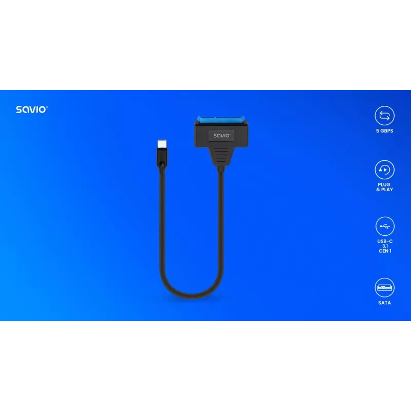 SAVIO SATA na USB-C kabel interfejsu AK-69, SATA żeński na USB-C męski, USB 3.2 Gen 1 (5 Gbit/s), 0,25 m, czarny