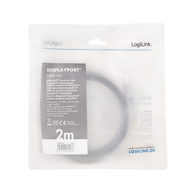 Kabel DisplayPort LogiLink CDA0105 2 m Czarny Szary