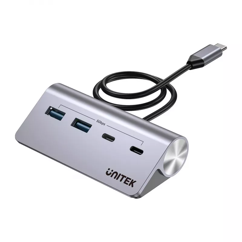 Koncentrator USB Unitek H1337AGY01 — 4-portowy (2×USB-C, 2×USB-A), do 5 Gb/s na port, aluminium, srebrny