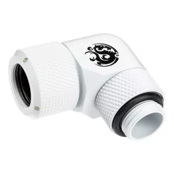 Złączka BitsPower BP-DWE90RMLA12 — mosiężna złączka kątowa 90°, biała, Ø 12 mm