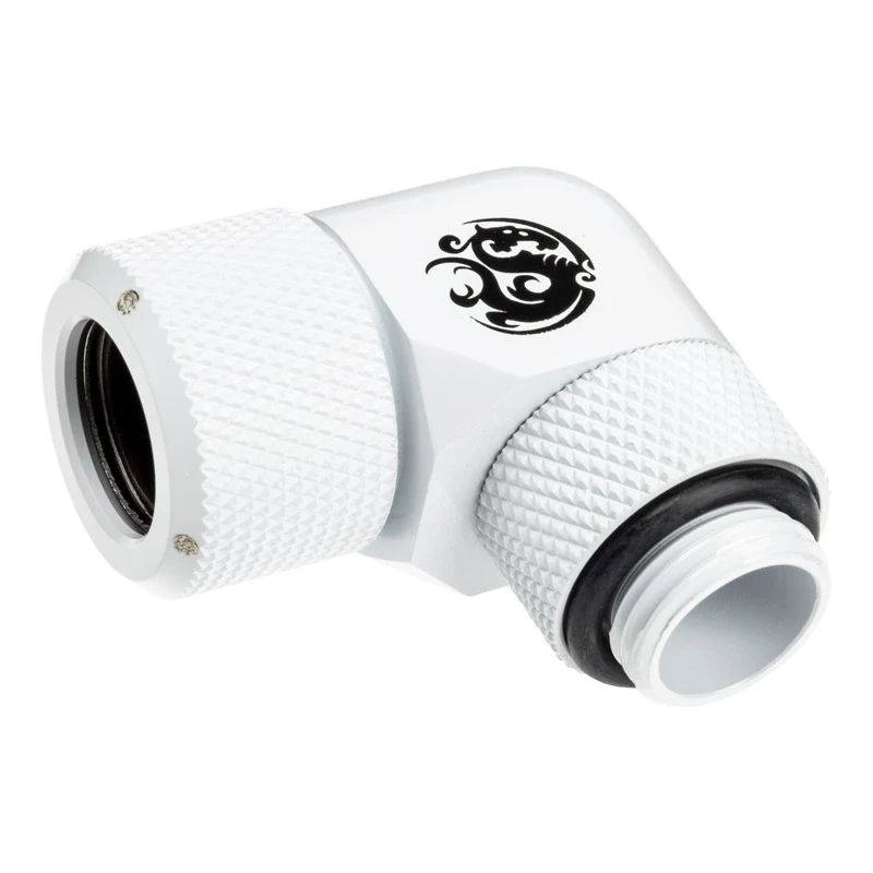 Złączka BitsPower BP-DWE90RMLA12 — mosiężna złączka kątowa 90°, biała, Ø 12 mm