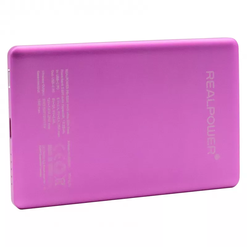 Power bank RealPower PB-5000 MAG 5000 mAh, ładowanie bezprzewodowe, USB-C, 20 W, różowy