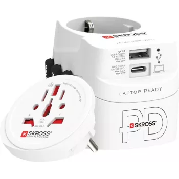 Podróżny adapter zasilania SKROSS 1.302474 do gniazdek EU/FR/USA/UK/AU, 100–250 V AC, 7 A, USB 45 W