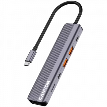 Koncentrator USB typu C CANYON DS-17 — HDMI, USB 3.2 Gen 1 A, USB-C, MicroSD, 10000 Mbit/s, szary