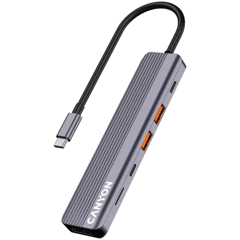 Koncentrator USB typu C CANYON DS-17 — HDMI, USB 3.2 Gen 1 A, USB-C, MicroSD, 10000 Mbit/s, szary