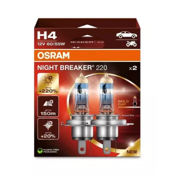 Halogenowa żarówka reflektorowa Osram NIGHT BREAKER 220 H4 — zestaw dwóch sztuk, 12 V 60/55 W