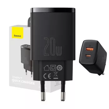 Wewnętrzna szybka ładowarka USB Baseus CCXJ-B01 — 2 porty (USB-C PD 20W + USB-A QC3.0 18W), 100–240 V, czarna