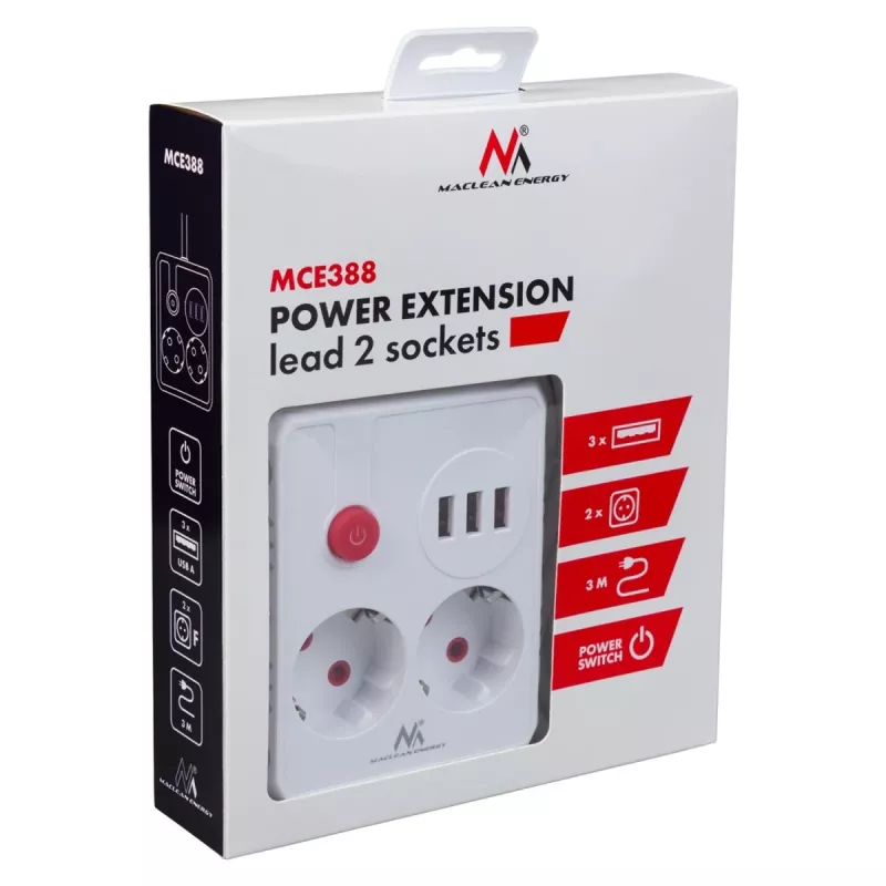 Listwa zasilająca MACLEAN MCE388 W — 2 gniazda, 3×USB, 110–240V, 2500W, kabel 3 m, biała