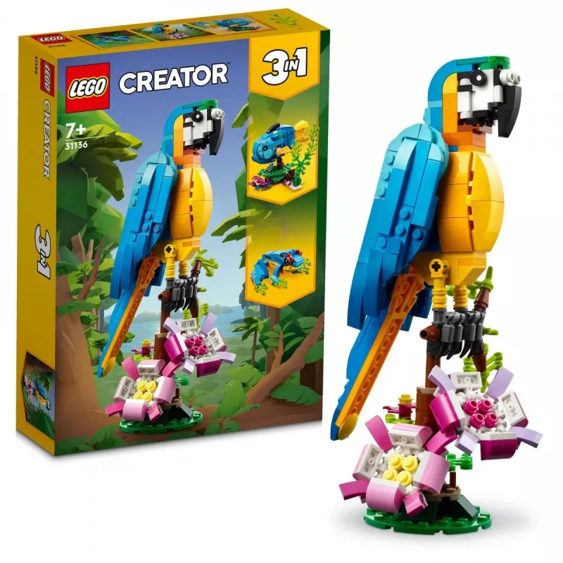 Zestaw konstrukcyjny LEGO Egzotyczna papuga 31136 — model wystawowy Creator, 253 elementy, 220×120×110 mm