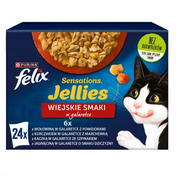 Mokra karma dla kota Felix Sensations Country Flavors w galaretce multipack 24×85 g — mokra karma, 24 saszetki, 85 g każda, wilgotność 82%