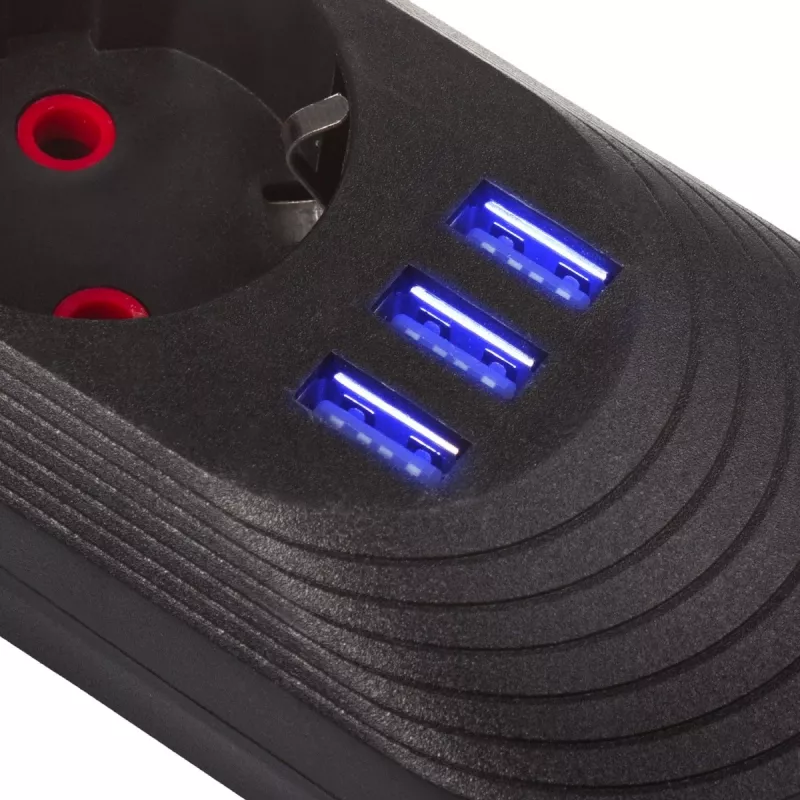 Listwa zasilająca MACLEAN MCE395 B — 5 gniazd, 3×USB, 110–240 V AC, 2,1 A USB, 2500 W, przewód 1,5 m, czarna
