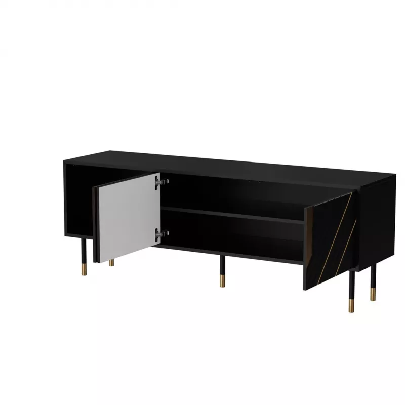Szafka RTV Cama Meble MOUNTAIN 154x40x55 cm — blat z płyty wiórowej, czarny i złoty