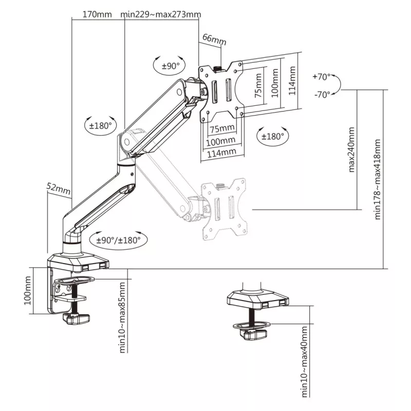 Ergo Office Uniwersalny Uchwyt Monitorowy na Biurko, Sprężyna Gazowa 17-35 15kg, VESA 75x75 / 100x100, ER-445