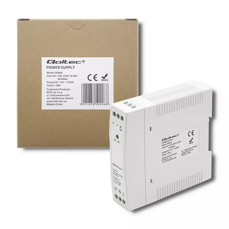 Zasilacz na szynę DIN 10W, 12V, 0,83A, cienki