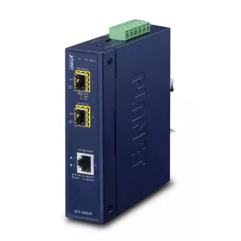 Przemysłowy konwerter mediów sieciowych PLANET IGT-1205AT — Gigabit SFP 2-światłowodowy, 1x RJ-45, 10/100/1000 Mbps, 12–48V, szyna DIN, IP30