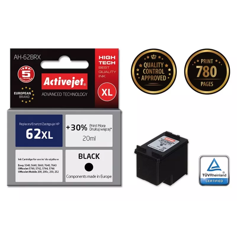 Atrament Activejet AH-62BRX (zamiennik HP 62XL C2P05AE; Premium; 20 ml; czarny)