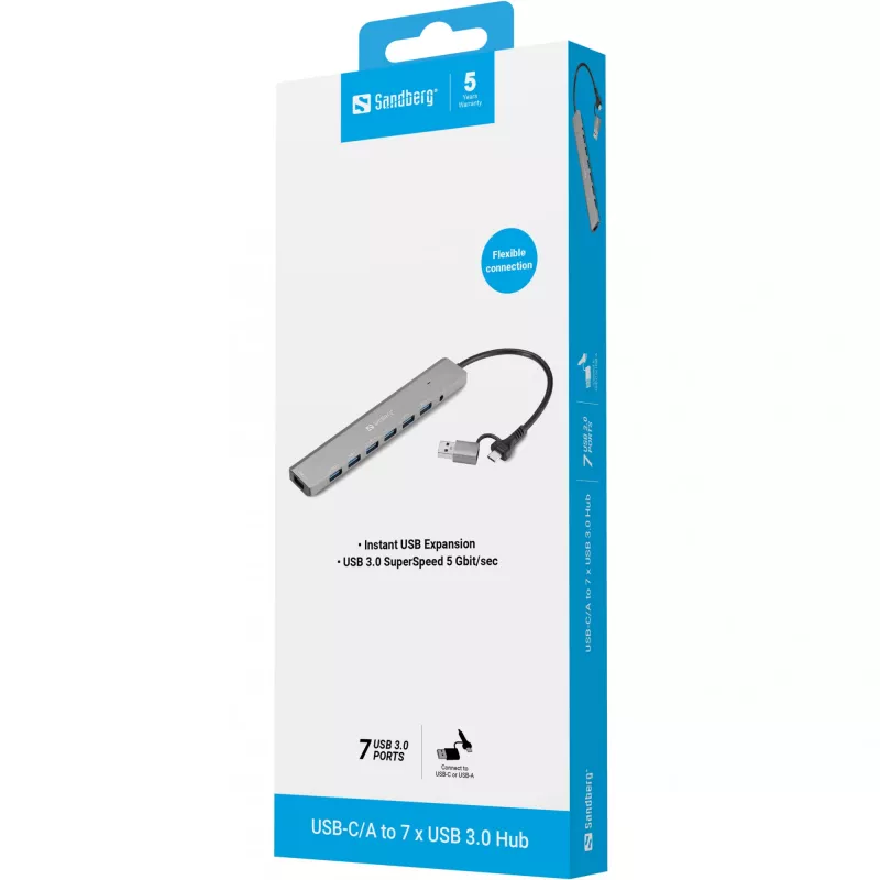 Koncentrator USB SANDBERG 136-66 — 7 portów USB 3.0, zasilanie zewnętrzne
