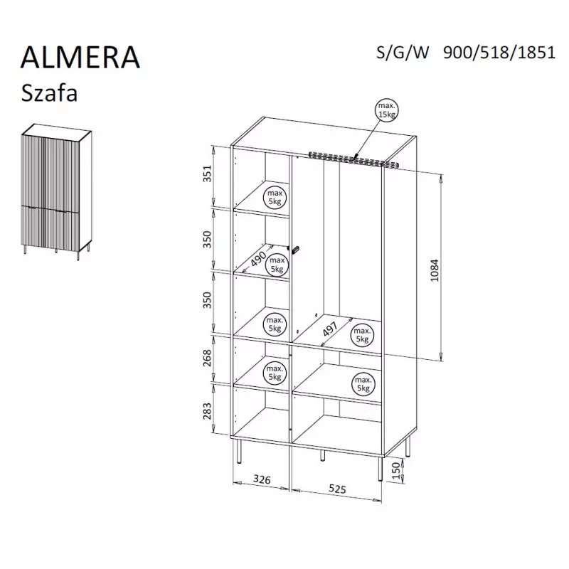 Szafa Cama Meble ALMERA Cama 5 90x52x185 cm, rama orzechowa, drzwi kaszmirowe, 6 półek