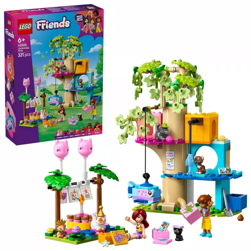 Zestaw konstrukcyjny LEGO Friends 42666 Domek na drzewie – kocie urodziny, 321 elementów, 6+, 180×160×100 mm
