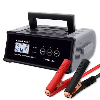 Prostownik QOLTEC 52514 — 12 V/24 V, 25 A, do akumulatorów AGM/żelowych/SLA z wyświetlaczem LCD