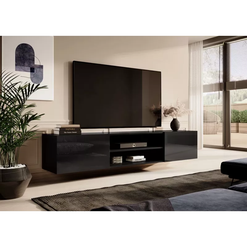 Szafka RTV Cama Meble SLIDE 200K — 200x40x37 cm, czarny połysk, blat z płyty wiórowej