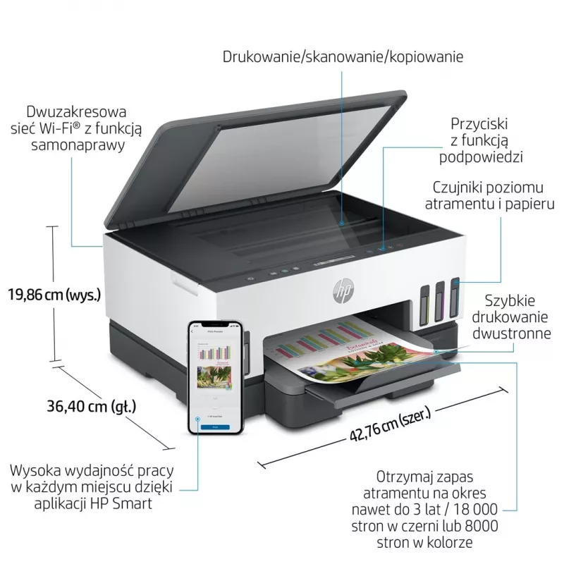 Drukarka wielofunkcyjna HP Smart Tank 720 — termiczny atramentowy, kolor, A4, Wi‑Fi, dupleks, 4800x1200 dpi
