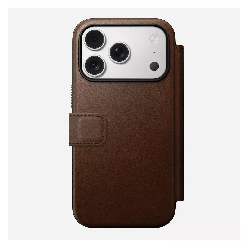 Skórzane etui z klapką Nomad Modern Leather Folio na iPhone 17 Pro — brązowe, pasuje do 6,3 cala (16 cm), 4 kieszenie na karty