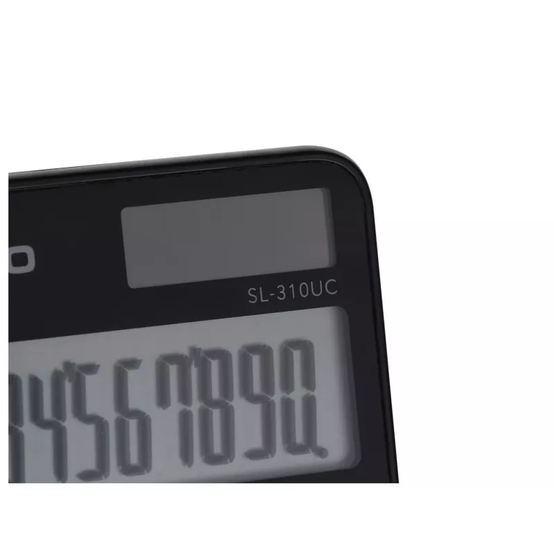 Kalkulator podstawowy CASIO SL-310UC-BK — 10-cyfrowy, bateria/ogniwo słoneczne, funkcje podatkowe i marży, rozmiar kieszonkowy (70×118×8,4 mm), czarny