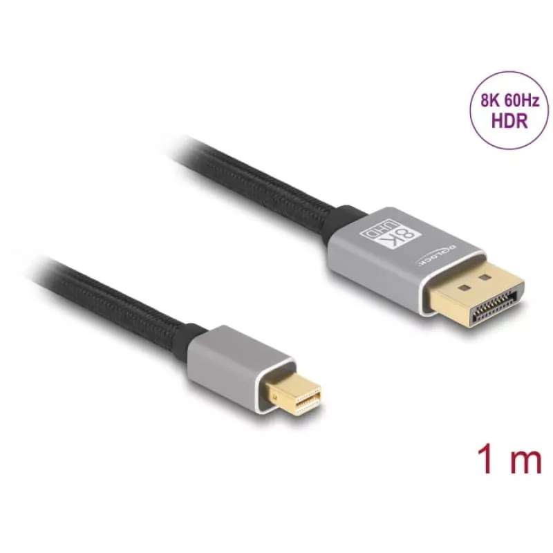 Kabel DeLOCK Mini DisplayPort na DisplayPort 8K 60 Hz 1 m szary metal bez zatrzasku