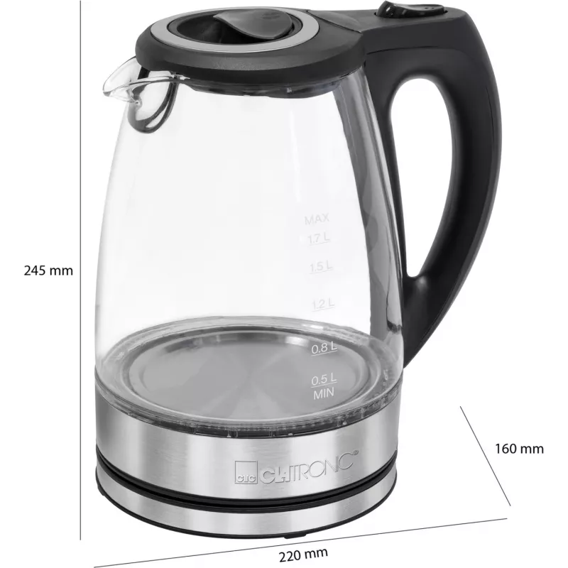 Czajnik elektryczny CLATRONIC WKS 3744 G — 1,7 L, 2200 W, stal nierdzewna/tworzywo sztuczne, wskaźnik poziomu wody