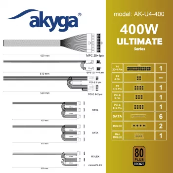 Akyga AK-U4-400 Ultimate 400 W zasilacz ATX, 80 PLUS Bronze, aktywny PFC, wentylator 120 mm