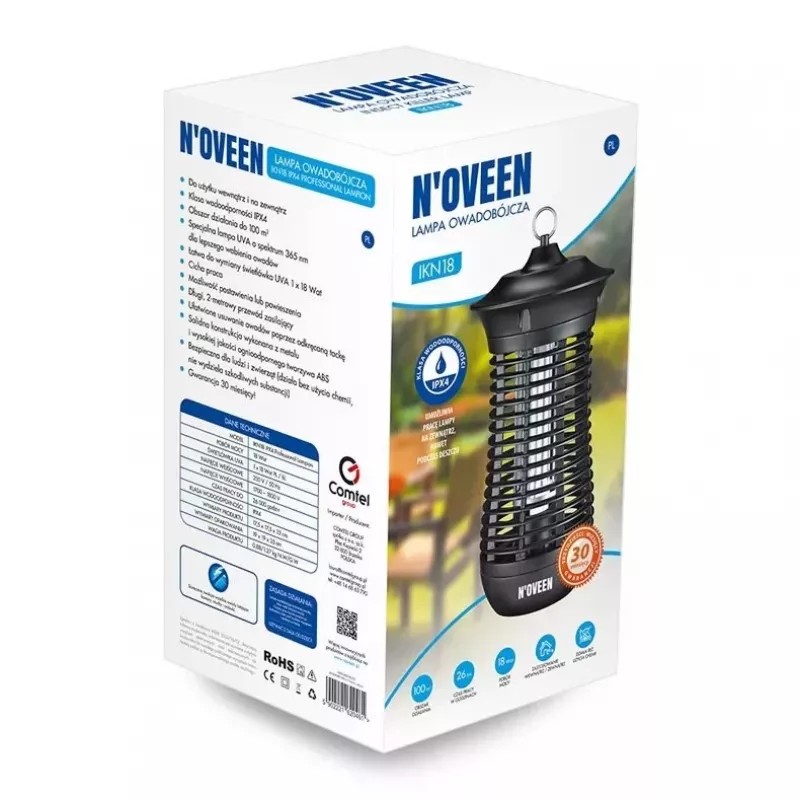 Lampa owadobójcza elektryczna NOVEEN IKN18 IPX4 — 18 W świetlówka UVA, zasięg 100 m², 1700–1800 V, wewnątrz/na zewnątrz, do zawieszania, metalowa, czarna