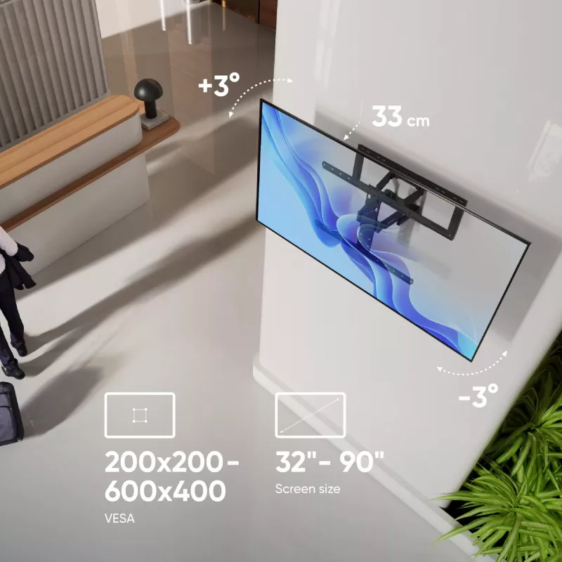 Stojak podłogowy pod telewizor ONKRON SM6-B do ekranów 32–90 cali, udźwig 50 kg, VESA 200x200–600x400, pochylenie -10–5°, obrót 40°