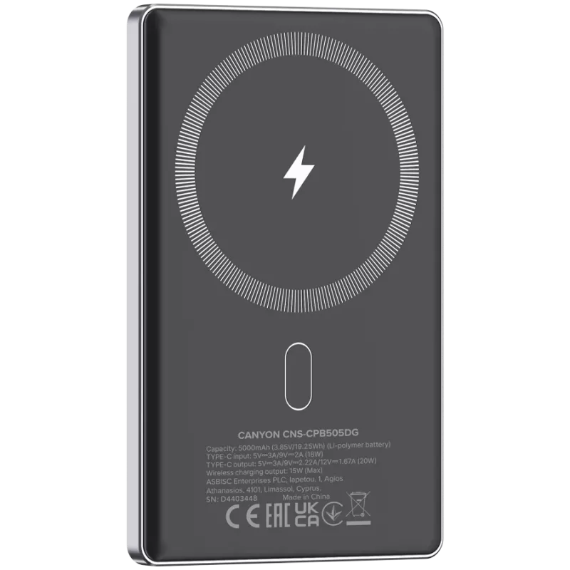 Canyon OnPower 505 - Powerbank - 5.000 mAh - wejście USB-C - wyjście USB-C PD 20W + ładowanie bezprzewodowe MagSafe 1