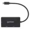 Manhattan USB-C Dock/Hub, Porty (x3): DVI-I, HDMI i VGA, Uwaga: Można używać tylko jednego portu jednocześnie, Zewnętrzne zasilanie nie jest potrzebne, Uniwersalny do wszystkich urządzeń, Kabel 10 cm, Czarny, Trzyletnia gwarancja
