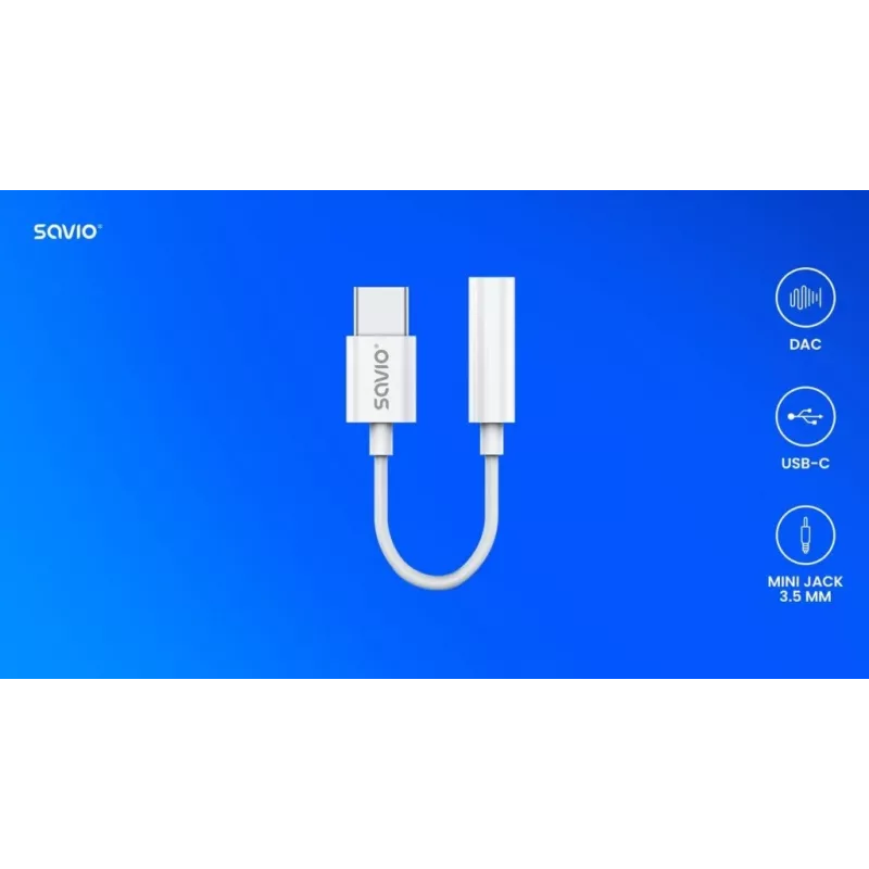 Adapter audio USB Type 3.1 C (M) – Jack 3,5mm (F) Biały SAVIO AK-51