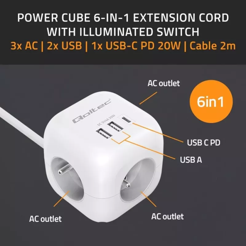 Listwa zasilająca Power Cube QOLTEC 52547 3× gniazda AC, 2×USB-A, 1×USB-C PD 20W