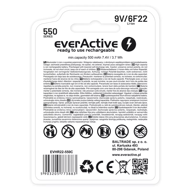 Akumulator wielokrotnego ładowania everActive 6F22/9V Li-ion 550 mAh z USB TYPE C
