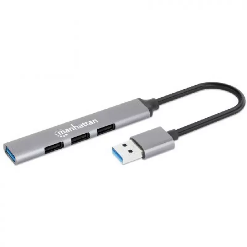 Manhattan USB-A 4-Portowy Hub, 4x porty USB-A (1x USB 3.2 Gen1 5 Gbps aka USB 3.0, 3x USB 2.0 480 Mbps), zasilany z portu USB (nie wymaga zewnętrznego zasilacza), Aluminium