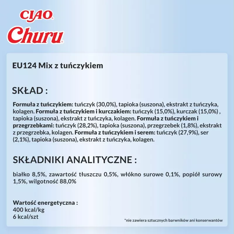 Mokre przysmaki dla kota INABA Churu Variety Box — Tuńczyk, 20 saszetek x 14 g, pasta, wilgotność 88%, białko 8,5%