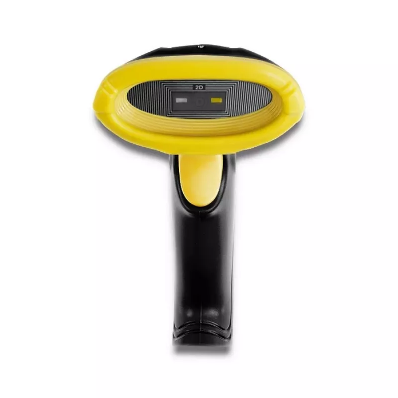 Ręczny czytnik kodów kreskowych QOLTEC 50867 — laserowy skaner 1D/2D, przewodowy USB, zasięg 600 mm, żółto-czarny