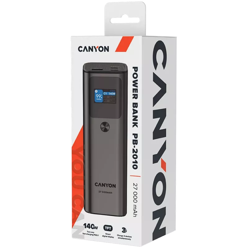 Canyon PB-2010 - Powerbank - Li-Pol - 27.000 mAh - Wyświetlacz cyfrowy - 2xUSB-C + 1xUSB-A - Power