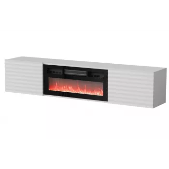 Szafka RTV Cama Meble TULA z kominkiem elektrycznym, 1830×350×370 mm, blat i rama w kolorze białym matowym