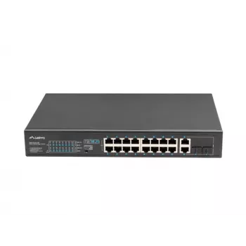 Niezarządzalny przełącznik LANBERG RSFE-16P-2C-250 — 18-portowy Gigabit, 16x PoE+ (30W), 2x SFP, 250W, 1U, metal, montaż w szafie