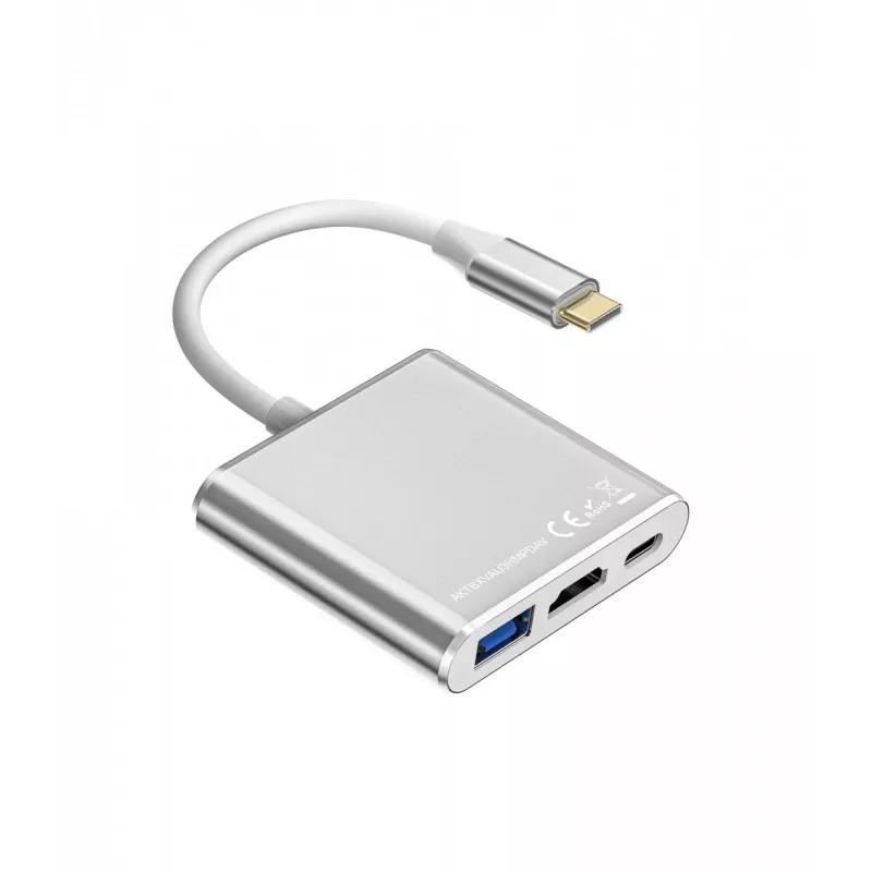 Koncentrator przejściówek USB C TB AKTBXVAU3HMPDAV — 3 w 1: HDMI + USB-A + USB-C PD, Srebrny