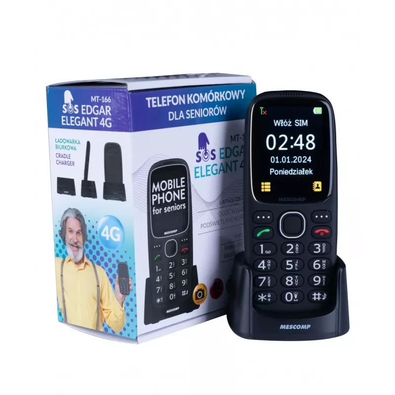 Telefon komórkowy Mescomp MT-166 Edgar, Elegancki, dla seniorów, 4G, Czarny