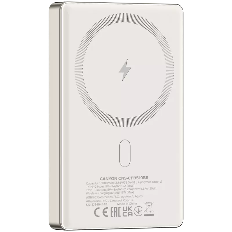 Canyon OnCharge 510 - Powerbank - 10.000 mAh - wejście USB-C - wyjście USB-C PD 20W + ładowanie bezprzewodowe MagSafe