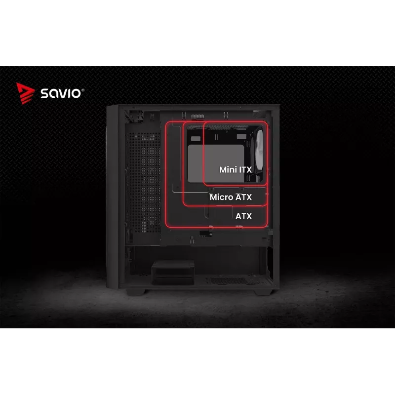 Obudowa PC SAVIO Noctis Flow — Cube Mini‑ITX/Micro‑ATX/ATX, 3x120mm przód, 1x120mm tył, 2x3.5 cala + 3x2.5 cala zatoki, hartowane szkło