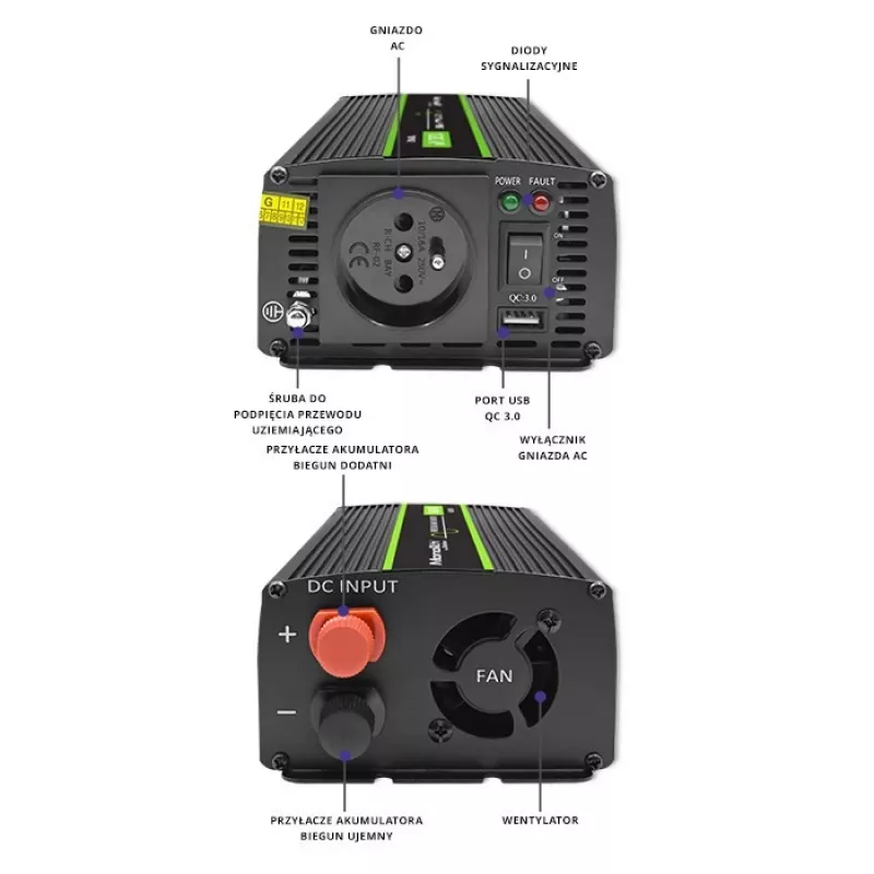 Przetwornica samochodowa Qoltec Monolith 1200 W Czarna 12 V
